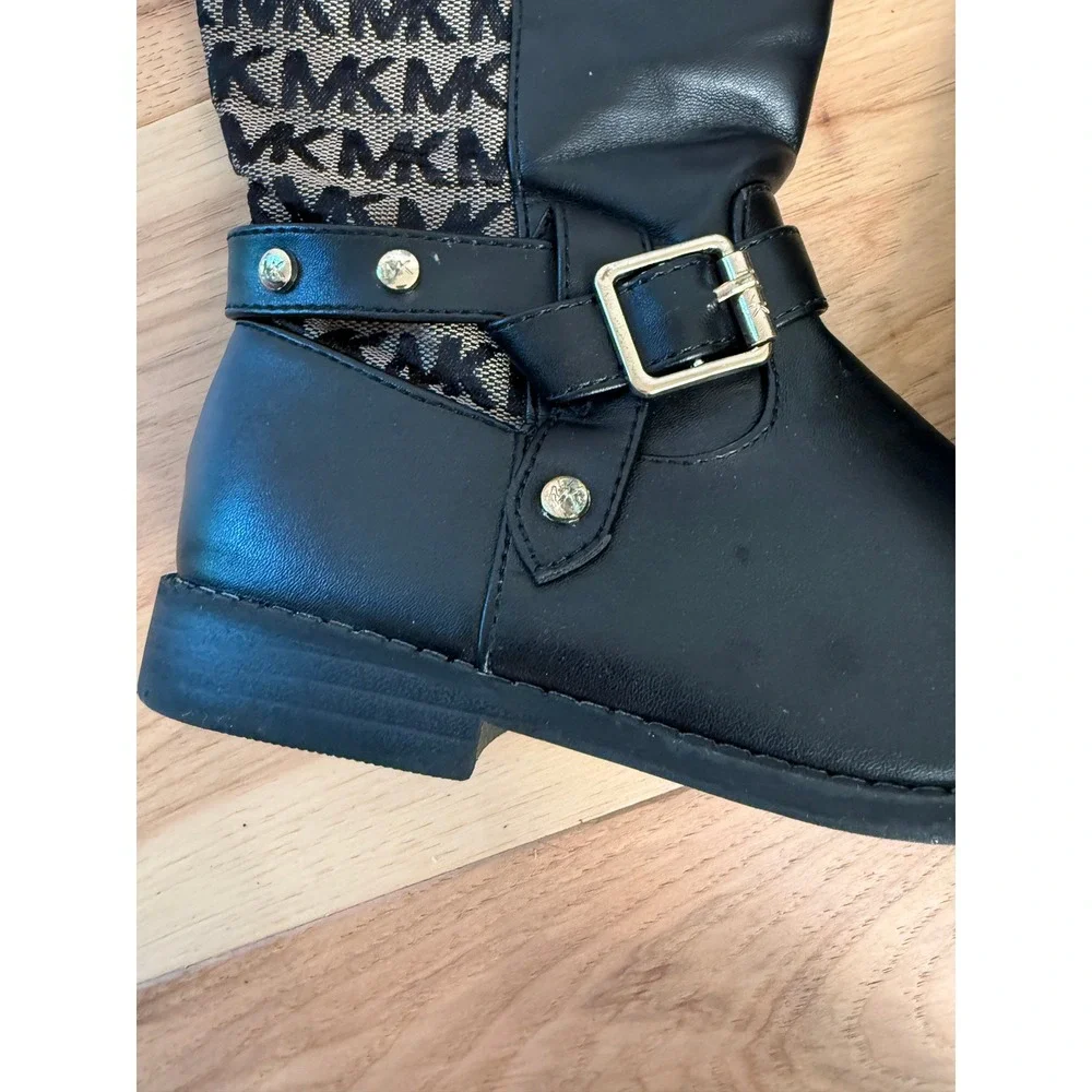 Michael Kors Emma Maude Boots Girls Size 2 Black Tan Monogram Riding Buckle